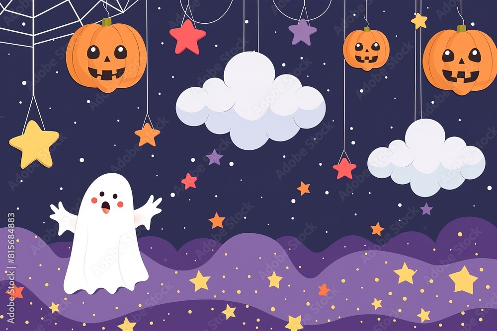pumpkins, white ghosts, bats and yellow stars on Purple background. Design elements for Halloween party. Flat cartoon illustration. pumpkins, white ghosts, bats and yellow stars on Purple background. Design elements for Halloween party. Flat cartoon illustration.