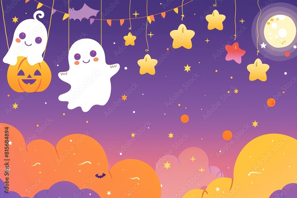 pumpkins, white ghosts, bats and yellow stars on Purple background. Design elements for Halloween party. Flat cartoon illustration. pumpkins, white ghosts, bats and yellow stars on Purple background. Design elements for Halloween party. Flat cartoon illustration.
