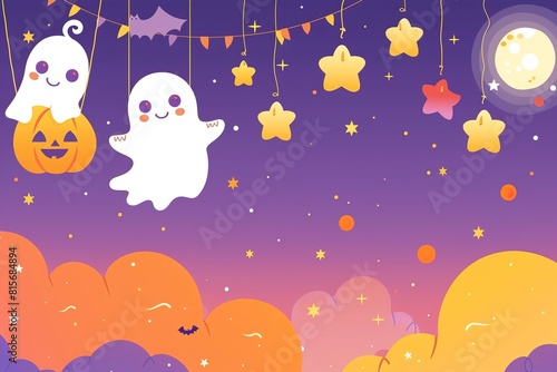 pumpkins, white ghosts, bats and yellow stars on Purple background. Design elements for Halloween party. Flat cartoon illustration.