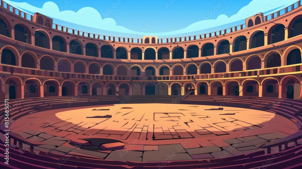 An ancient roman arena for gladiator fights. Modern cartoon illustration of an empty Coliseum. Historical fighting arena for traditional shows.