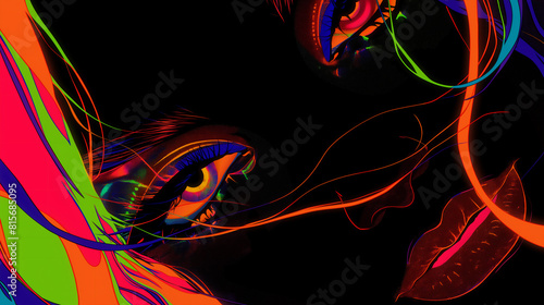 Black and neon coloured illustration of surrealistic woman face. Digital art. Selective focus. Close up