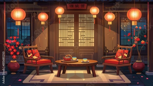Animated illustration of a Chinese living room at night. The living room with a wooden table, a chair, and red cushions is decorated with glowing lanterns, a tray with tea and flowers, and a mat on © Mark