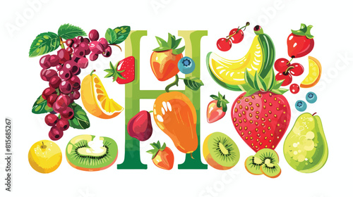 Vector summer fruits and berries alphabet letter H.