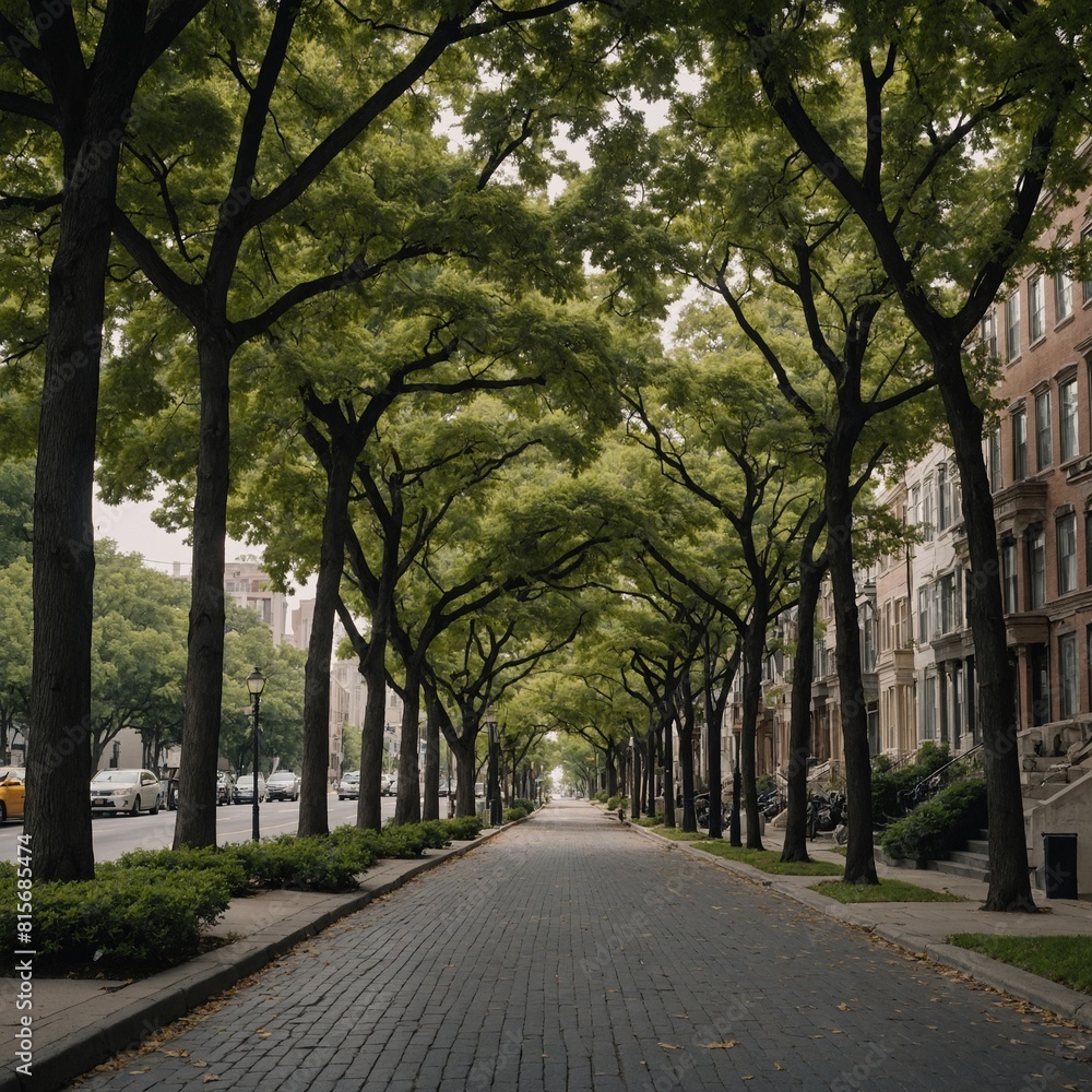 A scenic street with tree-lined sidewalks and beautiful architecture.