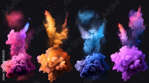 Flow of smoke and paint powder explosion isolated on transparent background. Flying smoky flow and ink burst.
