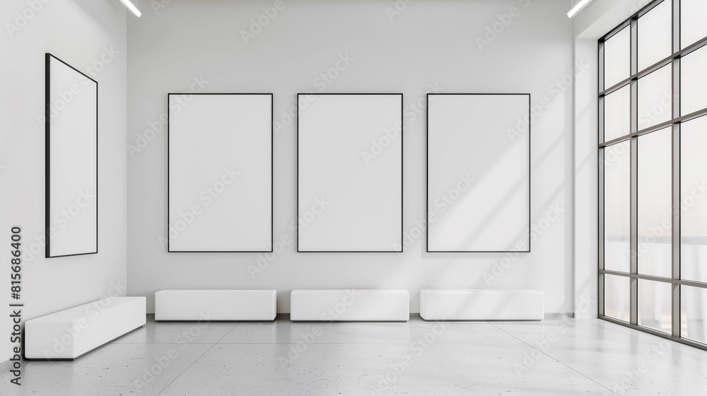 A contemporary art gallery with six plain white frames arranged in two vertical rows, each frame shifted slightly to create an off-balance effect. A contemporary art gallery with six plain white frames arranged in two vertical rows, each frame shifted slightly to create an off-balance effect.