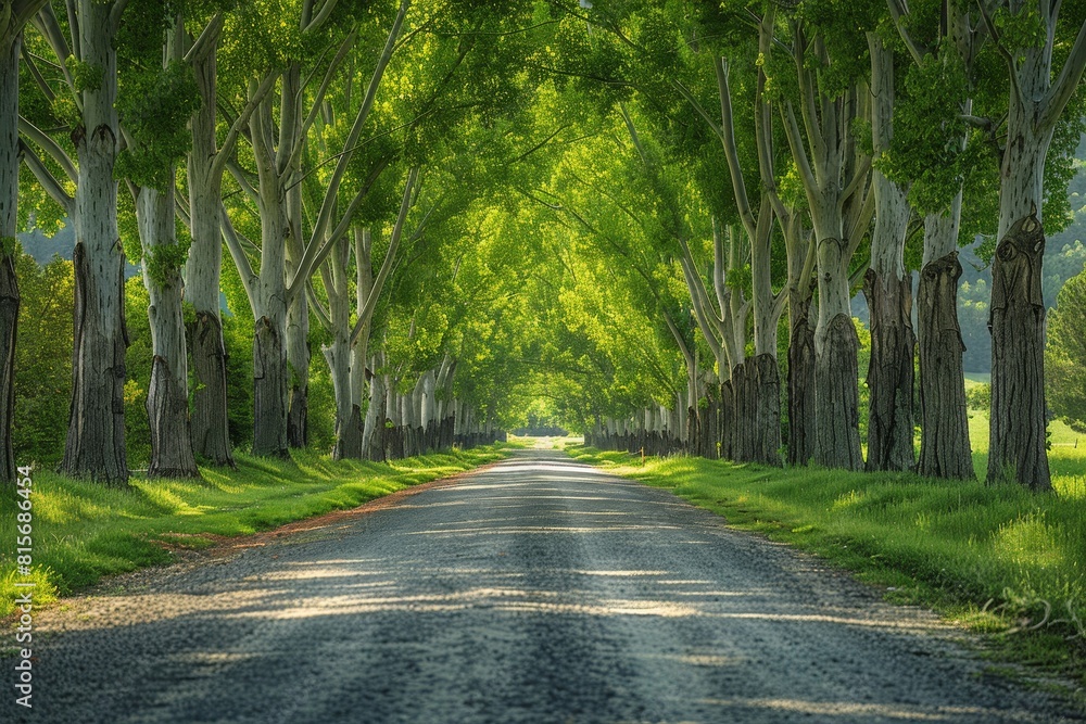 Poplar Tree Lined Road: Symmetrical rows of trees along a country road. Poplar Tree Lined Road: Symmetrical rows of trees along a country road.