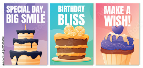 Set of vector bright holiday birthday cards. Banners template with cartoon funny illustrations of cakes and cupcakes.