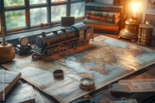 Old toy train on map with books, watch, compass around. Retro style. Selective focus. Travel concept  photo