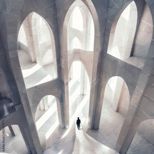 Aerial view of a minimalist cathedral marble arches creating a maze of light
