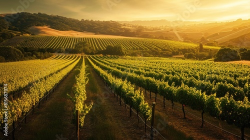 The setting sun casts a golden glow over row upon row of grapevines in a sprawling vineyard  symbolizing a rich harvest season. Resplendent.