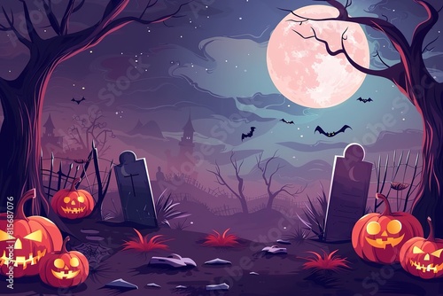 Halloween castle grave yard background with a spooky haunted castle, trees and graves and a full moon