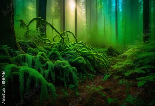 Exploring the Enigmatic Depths of a Lovecraftian Bioluminescent Forest photo