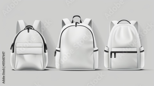 Backpack, travel or school bag isolated on gray background. Modern realistic mockup featuring blank open and closed backbags, women fashion leather or cloth accessories. photo