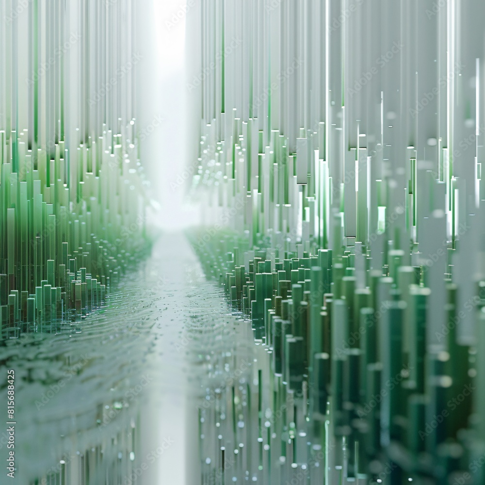 The image is a 3D rendering of a path or road going through the middle of a data forest The image is a 3D rendering of a path or road going through the middle of a data forest