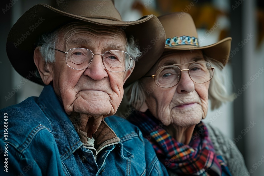 Portrait of an elderly man and woman wearing cowboy hats, showcasing timeless love Portrait of an elderly man and woman wearing cowboy hats, showcasing timeless love