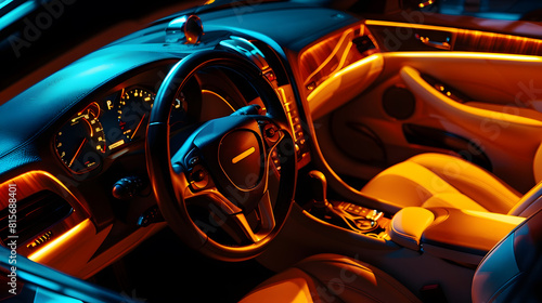 Car interior luxury Beige comfortable seats steering wheel dashboard climate control speedometer display wood decoration  orange ambient light : Generative AI photo