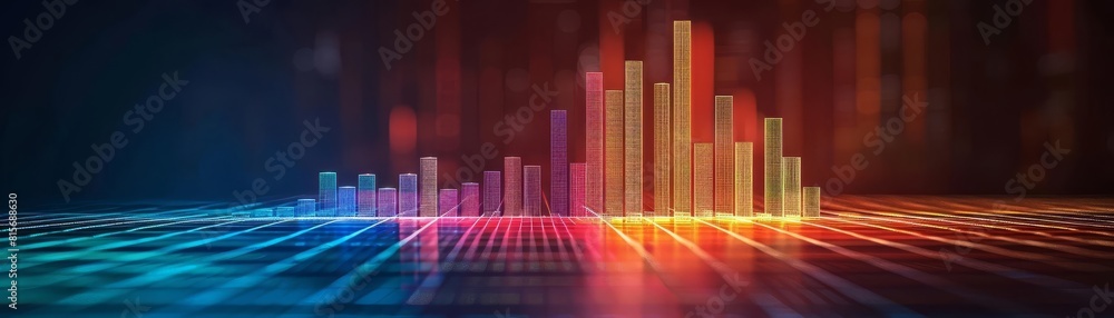 Glowing wireframe bar chart representing financial growth on a dark gradient background