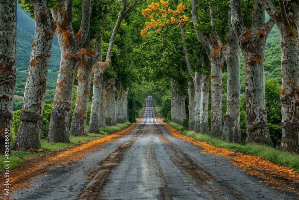 Poplar Tree Lined Road: Symmetrical rows of trees along a country road. Poplar Tree Lined Road: Symmetrical rows of trees along a country road.