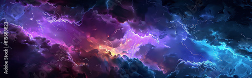 an abstract artwork featuring an electric stormy sky, with vibrant flashes of lightning illuminating dark clouds tinged with shades of purple and blue. 