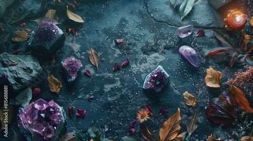 The scene is set with mesmerizing crystal minerals scattered leaves and mystical witchy objects against a dark background encapsulating the essence of a Witchcraft Ritual This spiritual pra photo