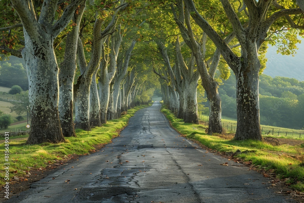 Naklejka premium Poplar Tree Lined Road: Symmetrical rows of trees along a country road.