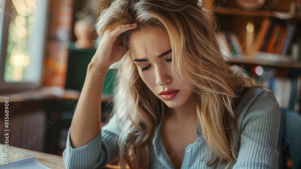 Stressed Young Woman Studying at Home with Books Around her. Generative ai Stressed Young Woman Studying at Home with Books Around her. Generative ai