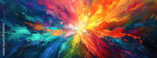  a vibrant abstract artwork featuring a burst of rainbow colors exploding across the canvas. Each color should blend seamlessly into the next, creating a dynamic and eye-catching display.