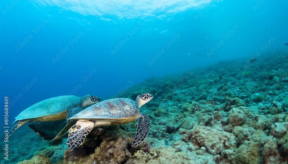 Naklejka premium Turquoise Tranquility: Swimming Sea Turtles.Capturing Aquatic Life. Vivid Blue Ocean Serenity.sea, underwater, turtle, water, coral, nature, ocean, fish