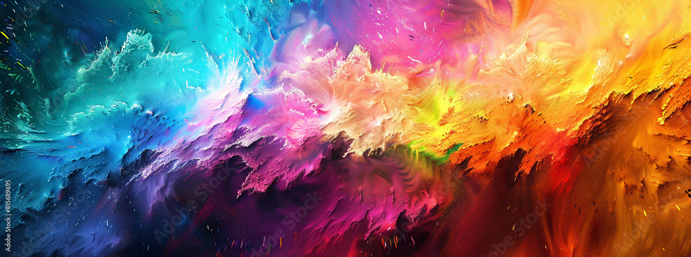  a vibrant abstract artwork featuring a burst of rainbow colors exploding across the canvas. Each color should blend seamlessly into the next, creating a dynamic and eye-catching display.