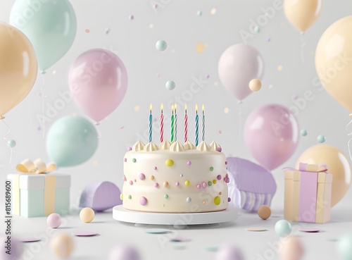 birthday cake with candles, presents and balloons on white background, minimalistic stock photo in light colors, brightly colorful