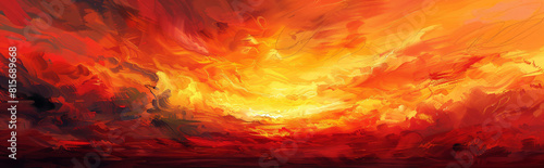  an abstract artwork inspired by a fiery sunset, with warm hues of red, orange, and yellow blending together to create a breathtaking horizon. 