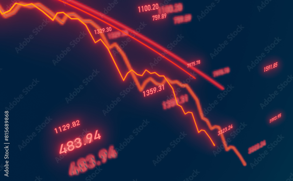 Fototapeta premium Falling stock market chart, reflection and defocus. Recession, crisis, bear market, crash, depression era, negative, weak business.