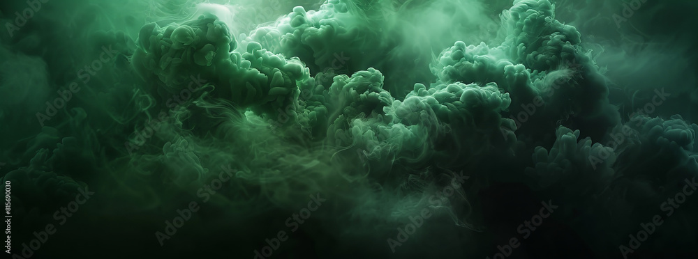 green smoke cloud on black background, green color, banner design, dark background, dark green, cinematic lighting, volumetric light, octane render, photorealistic, 