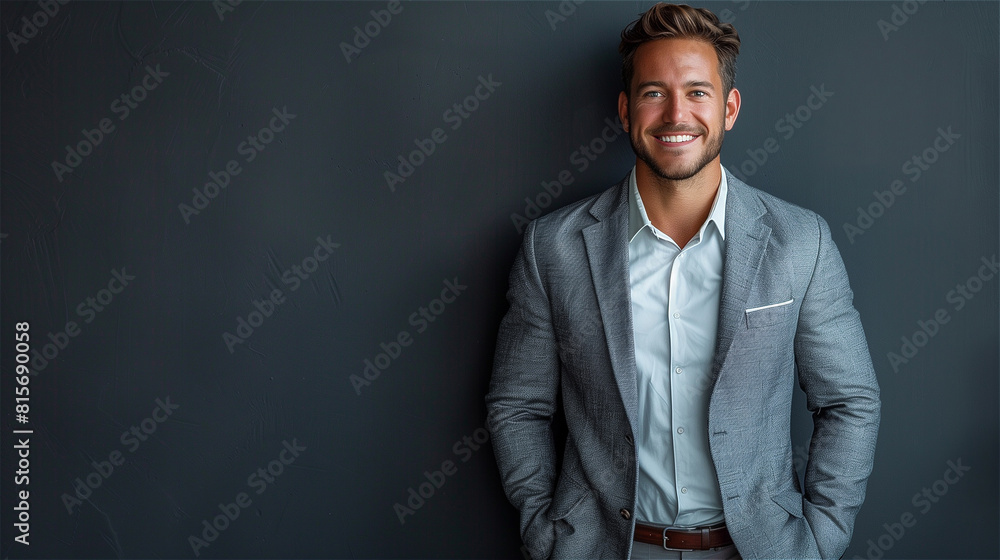 Handsome man in suit smiling with hands in pockets standing on dark background Handsome man in suit smiling with hands in pockets standing on dark background