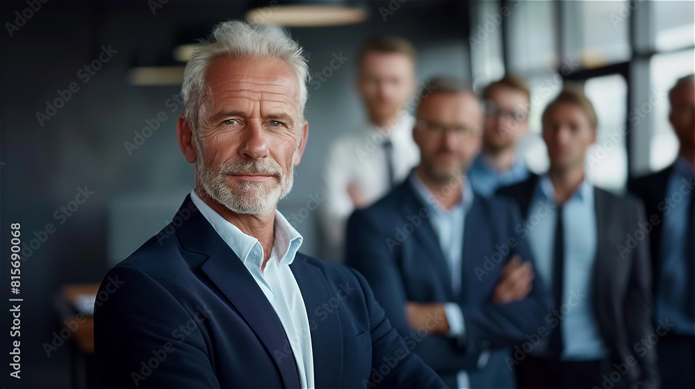 Confident senior businessman stands in front of his team Confident senior businessman stands in front of his team