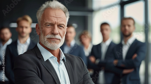 Confident senior businessman stands in front of his team