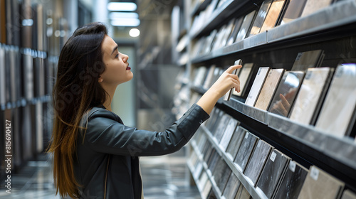 Happy brunette female interior designer choosing flooring tile color texture samples at store shop Woman architect choice floor and wall finishing material for architecture and constru : Generative AI