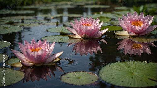 A pink water lily is floating on the surface of a pond surrounded by large lily pads.  