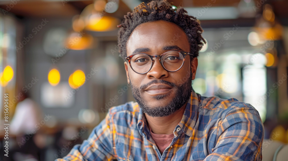 Obraz premium A man with glasses and plaid shirt sits at restaurant table