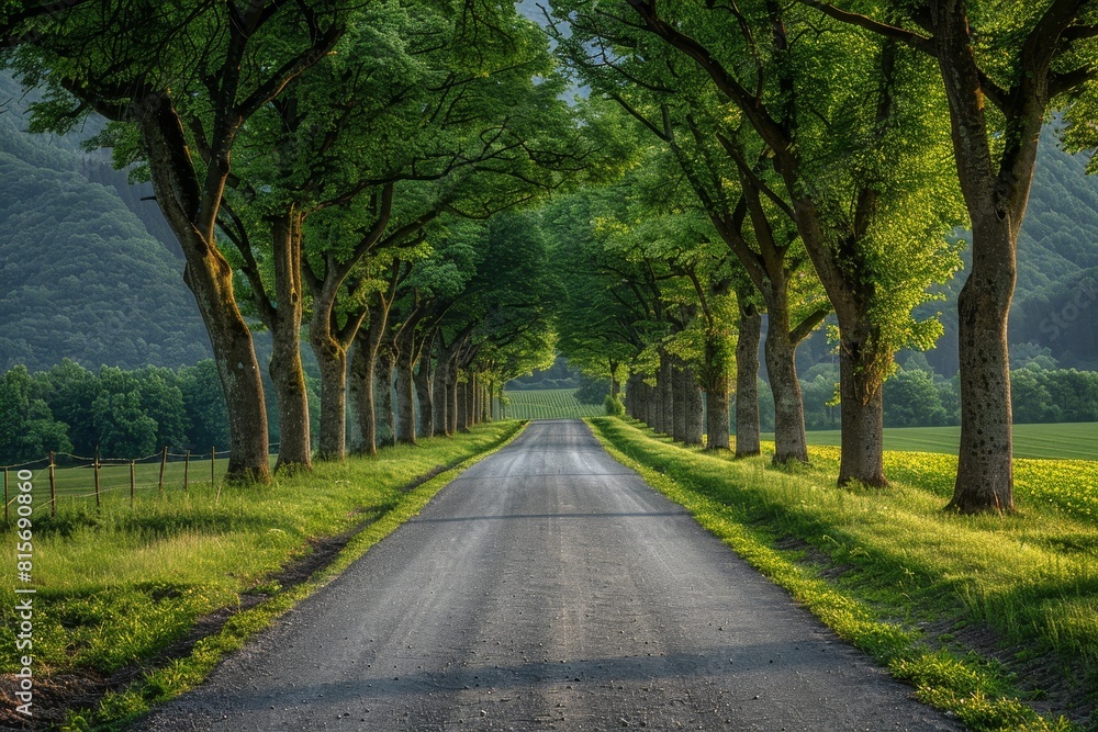 Poplar Tree Lined Road: Symmetrical rows of trees along a country road. 