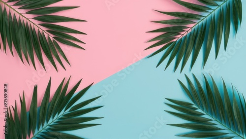 Painted palm leaves on pastel pink and blue background . Tropical summer concept. Minimal flat lay.