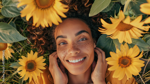 Close-up top-down view, stylish woman wearing very modern minimalist clothing, smiling and staring at camera, lying down supine in a field of flowers. Isolated shot, bokeh, summer, mental health, calm photo