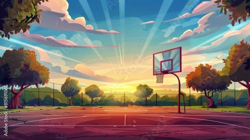During a sunset summer landscape, a basketball court, outdoor sports arena field, with hoop and markup lines on the ground, is illuminated by sunlight. Cartoon modern illustration