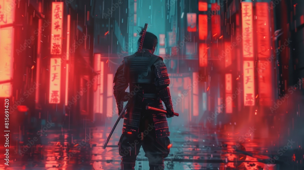 Style of a samurai standing in the rain with a neon cyber city background. AI generated image