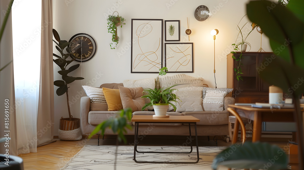 Modern living room interior with mock up poster frame brown sofa wooden coffee table patterned rug round clock plants beige ccurtain desk and personal accessories Home decor Template : Generative AI Modern living room interior with mock up poster frame brown sofa wooden coffee table patterned rug round clock plants beige ccurtain desk and personal accessories Home decor Template : Generative AI