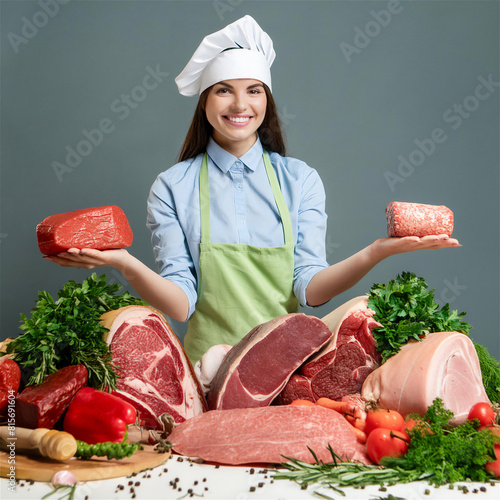 pieces of selected fresh meat are in the hands of the working staff. Fresh meat and vegetables Juicy steak with vegetables. Correct and balanced diet.   