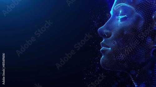 Artificial intelligence human head with dots and lines on blue color scene. AI generated image