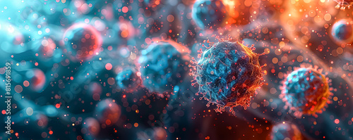 There are a bunch of little blue and red bacteria and viruses floating in the air. The balls are scattered throughout the image, some closer to the foreground and others further away. Virology concept photo