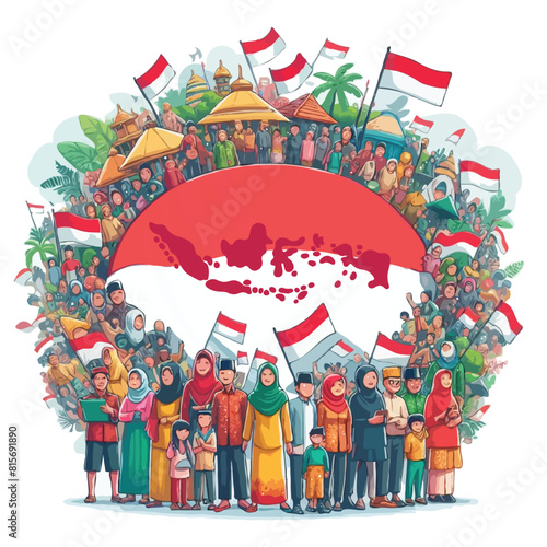 people with Indonesian flag cartoon vector illustration for dirgahayu kemerdekaan indonesia